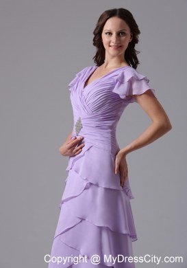 Lavender V-neck Ruffled Layers Prom Dress With Short Sleeves