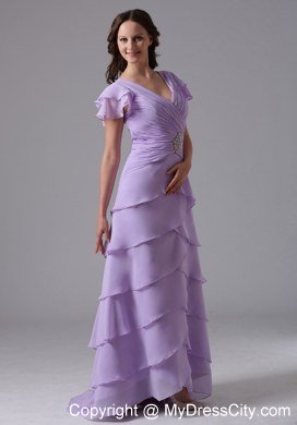 Lavender V-neck Ruffled Layers Prom Dress With Short Sleeves