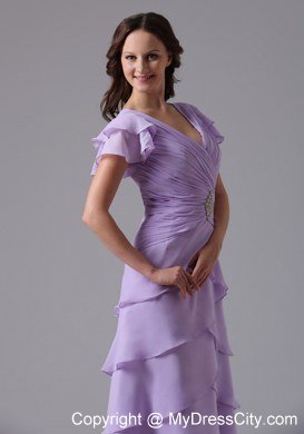 Lavender V-neck Ruffled Layers Prom Dress With Short Sleeves