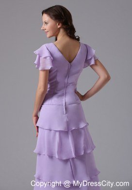 Lavender V-neck Ruffled Layers Prom Dress With Short Sleeves