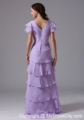 Lavender V-neck Ruffled Layers Prom Dress With Short Sleeves