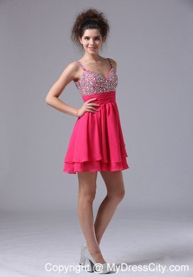 Straps Beaded Decorate Bust Short Junior Prom Dress with Chiffon