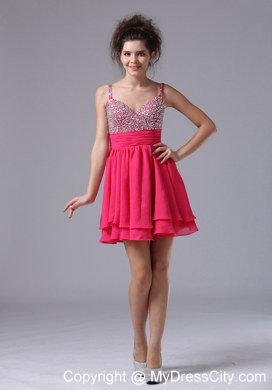 Straps Beaded Decorate Bust Short Junior Prom Dress with Chiffon