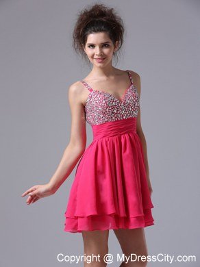 Straps Beaded Decorate Bust Short Junior Prom Dress with Chiffon