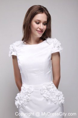 White Column Scoop Cap Sleeves Satin Appliques Prom Dress