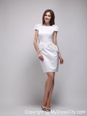 White Column Scoop Cap Sleeves Satin Appliques Prom Dress