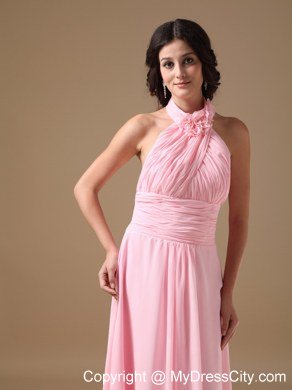 Baby Pink Empire Halter Top Brush Train Ruches Prom Gown