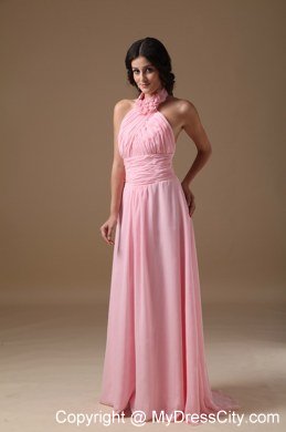 Baby Pink Empire Halter Top Brush Train Ruches Prom Gown