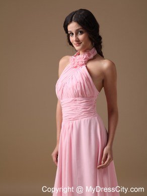 Baby Pink Empire Halter Top Brush Train Ruches Prom Gown