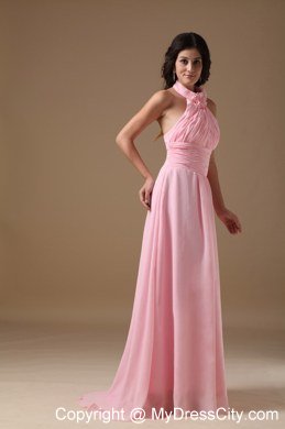 Baby Pink Empire Halter Top Brush Train Ruches Prom Gown