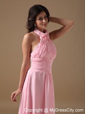 Baby Pink Empire Halter Top Brush Train Ruches Prom Gown