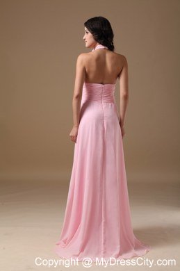 Baby Pink Empire Halter Top Brush Train Ruches Prom Gown