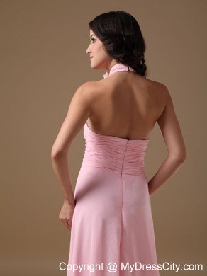 Baby Pink Empire Halter Top Brush Train Ruches Prom Gown