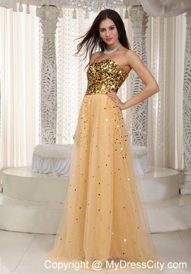 2013 Luxurious Gold Tulle Sequins Decorate Bust Dress For Prom