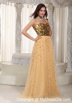 2013 Luxurious Gold Tulle Sequins Decorate Bust Dress For Prom