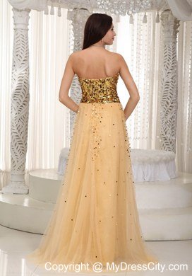 2013 Luxurious Gold Tulle Sequins Decorate Bust Dress For Prom