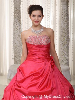 Coral Red A-line Lace-up Long Prom Dress with Pick-ups Beading