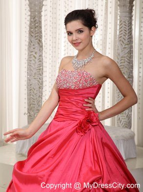 Coral Red A-line Lace-up Long Prom Dress with Pick-ups Beading