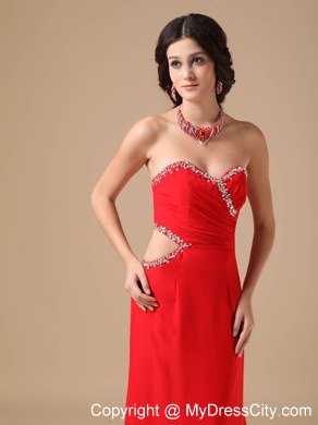 Red Column Court Train Beaded Prom Gown with Cut Out Waist