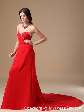 Red Column Court Train Beaded Prom Gown with Cut Out Waist