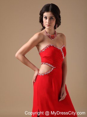 Red Column Court Train Beaded Prom Gown with Cut Out Waist