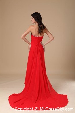 Red Column Court Train Beaded Prom Gown with Cut Out Waist