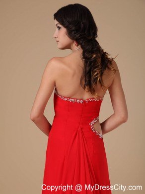 Red Column Court Train Beaded Prom Gown with Cut Out Waist