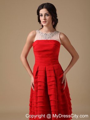 A-line Red Bateau Knee-length Ruffled Layers Short Prom Dress