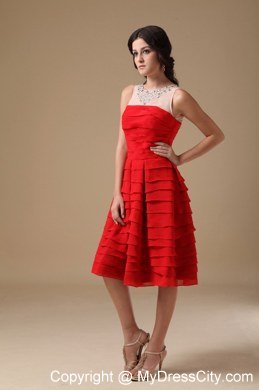 A-line Red Bateau Knee-length Ruffled Layers Short Prom Dress