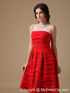 A-line Red Bateau Knee-length Ruffled Layers Short Prom Dress