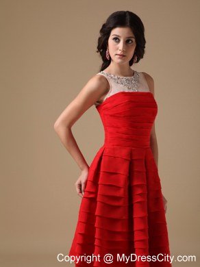 A-line Red Bateau Knee-length Ruffled Layers Short Prom Dress