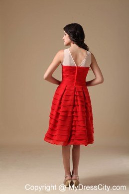 A-line Red Bateau Knee-length Ruffled Layers Short Prom Dress