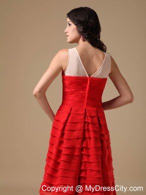 A-line Red Bateau Knee-length Ruffled Layers Short Prom Dress