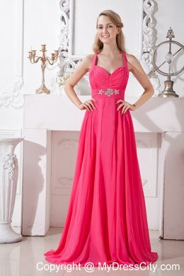 Hot Pink Halter Beaded and Ruches Chiffon Dress For Prom