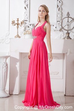 Hot Pink Halter Beaded and Ruches Chiffon Dress For Prom