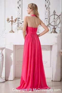 Hot Pink Halter Beaded and Ruches Chiffon Dress For Prom