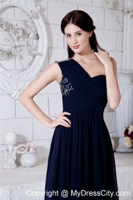 2013 Navy Blue One Shoulder Ruches Long Prom Dress for Girl