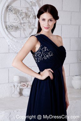 2013 Navy Blue One Shoulder Ruches Long Prom Dress for Girl