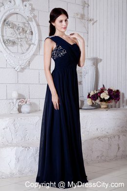 2013 Navy Blue One Shoulder Ruches Long Prom Dress for Girl