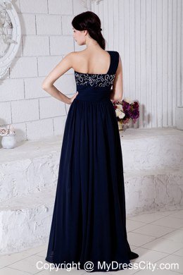 2013 Navy Blue One Shoulder Ruches Long Prom Dress for Girl