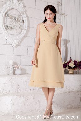 Simple Champagne A-line V-neck Chiffon Ruches Junior Prom Dress