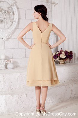 Simple Champagne A-line V-neck Chiffon Ruches Junior Prom Dress