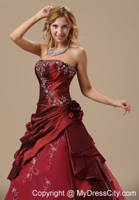 Recommend Strapless Embroidery Flowers Wine Red Quinceanera Dresses