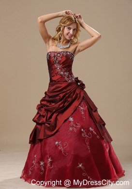 Recommend Strapless Embroidery Flowers Wine Red Quinceanera Dresses