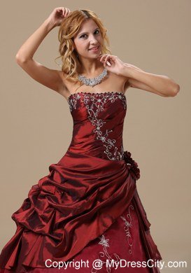 Recommend Strapless Embroidery Flowers Wine Red Quinceanera Dresses