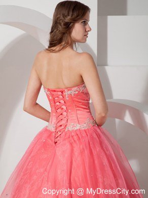 Sweetheart Appliques With Beading Coral Red Quinceanera Dresses