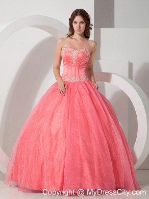 Sweetheart Appliques With Beading Coral Red Quinceanera Dresses