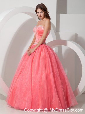 Sweetheart Appliques With Beading Coral Red Quinceanera Dresses