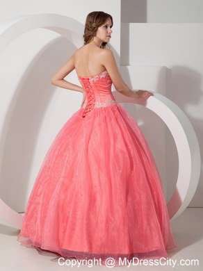 Sweetheart Appliques With Beading Coral Red Quinceanera Dresses