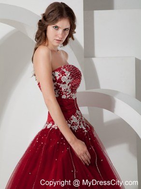 Strapless Appliques Wine Red 2013 Quinceanera Dress With Beading